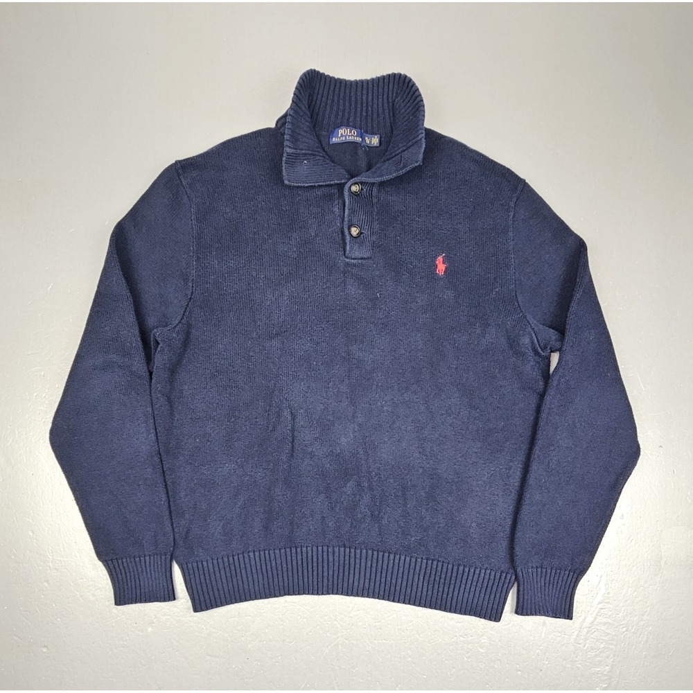 Polo Ralph Lauren Sweater Mens XL. 3 Button‎ Cotton Mock Neck Blue Red Pony